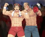  abs body_hair face_paint looking_at_viewer male_focus multiple_boys muscle party pecs smile teeth topless towel winemvee 