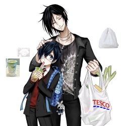  2boys absurdres animal_charm backpack bag bag_charm belt black_hair blazer blue_eyes bubble_tea charm_(object) ciel_phantomhive closed_eyes collared_shirt commentary contemporary cross cross_necklace cup disposable_cup drink drinking drinking_straw drinking_straw_in_mouth earrings english_commentary english_text eyepatch grin hand_on_another's_head highres holding holding_bag holding_cup holding_drink jacket jewelry kuroshitsuji long_sleeves looking_up male_focus medical_eyepatch meme_inset multiple_boys nail_polish necklace necktie open_clothes open_jacket photo_inset plastic_bag print_shirt rabbit_charm sebastian_michaelis shirt shopping_bag short_hair smile striped_clothes striped_necktie stud_earrings sweater tesco wormy_owo 