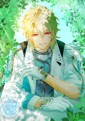  1boy aqua_shirt blonde_hair candy coat commentary_request devilishsmile food gloves hair_between_eyes hand_up highres holding holding_candy holding_food long_hair looking_at_viewer luuk_herssen_(wuthering_waves) male_focus parted_lips red_eyes shirt smile solo white_coat white_gloves wuthering_waves 