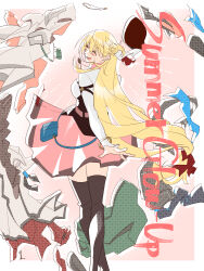  1girl :d agnes_claudel black_thighhighs blonde_hair bracelet closed_eyes clothes_lift coat cover eiyuu_densetsu english_text feet_out_of_frame hair_ribbon highres jacket jewelry kuro_no_kiseki_(series) long_hair long_sleeves looking_at_viewer low-tied_long_hair mikamikiseki necklace open_mouth pendant pink_skirt red_ribbon ribbon skirt skirt_lift smile solo thigh-highs very_long_hair 