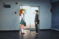  2000s_(style) black_hair dual_persona ikari_shinji neon_genesis_evangelion non-web_source orange_hair rebuild_of_evangelion school_uniform selfcest simple_background souryuu_asuka_langley 