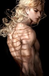  1boy american_flag attra_gonnadie black_background blonde_hair closed_mouth commentary curly_hair english_commentary eyelashes funny_valentine highres jojo_no_kimyou_na_bouken lips long_hair male_focus nose nude solo steel_ball_run upper_body 