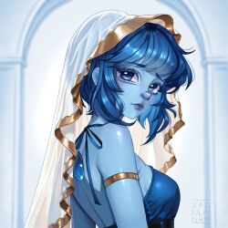  1girl armband artist_name back blue_eyes blue_skin breasts colored_skin crop_top gem_(steven_universe) highres lapis_lazuli_(steven_universe) light_blush lips looking_at_viewer short_hair simple_background solo steven_universe upper_body veil 