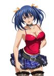  00s 1girl bare_shoulders bashoku_youjou belt blue_hair breasts casual cleavage collar collarbone female hair_ornament hair_ribbon hand_on_hip heart ikkitousen large_breasts legs long_hair looking_at_viewer miniskirt open_mouth orange_ribbon red_eyes ribbon short_twintails sideboob simple_background skirt smile solo standing thigh-highs twintails violet_eyes white_background zettai_ryouiki 