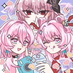  3girls :d ;p artist_name blue_eyes camera cocked_eyebrow commentary earclip english_commentary evernight_(honkai:_star_rail) evey_(honkai:_star_rail) finger_to_mouth flower hair_flower hair_intakes hair_ornament heart highres holding holding_camera honkai:_star_rail honkai_(series) hysilensia looking_at_viewer march_7th_(honkai:_star_rail) march_7th_(hunt)_(honkai:_star_rail) march_7th_(preservation)_(honkai:_star_rail) medium_hair memosprite multicolored_eyes multiple_girls official_alternate_costume official_alternate_hairstyle one_eye_closed pink_eyes pink_hair red_eyes shuangyaji smile sparkle tongue tongue_out v 