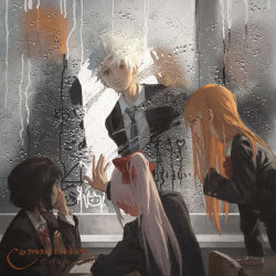  2boys 3girls black_hair brown_eyes check_copyright classroom commentary_request commission condensation copyright_request heart highres jacket long_hair looking_at_another multiple_boys multiple_girls necktie orange_hair original ponytail school_uniform short_hair sitting smile white_hair window xiaobanbei_milk 