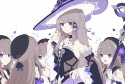  5girls ascot beret bow breasts brown_hair commentary_request detached_collar detached_sleeves doll_joints flower frills grid_background hair_ornament hair_ribbon hat herta_(honkai:_star_rail) herta_(puppet)_(honkai:_star_rail) highres holding holding_weapon honkai:_star_rail honkai_(series) jewelry joints key key_necklace ki_ii37 multiple_girls necklace ribbon small_breasts star_(symbol) the_herta_(honkai:_star_rail) upper_body violet_eyes weapon witch_hat x_hair_ornament 