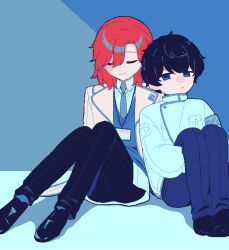  2boys armband black_hair black_pants black_shoes blue_armband blue_background blue_eyes blue_jacket blue_necktie blue_pants blue_shirt blue_sweater closed_eyes closed_mouth coat collared_shirt dress_shirt game_cg highres hugging_own_legs hyoutenka_30-do_no_zetsubou id_card jacket knees_up kuchinashi_dabi lanyard lapels looking_at_viewer male_focus medium_hair mitsudomoe_koubou mole mole_under_eye multiple_boys necktie no_sclera non-web_source pants parted_lips pixel_art self-datamine shirt shoes short_hair sitting sweater tonimura_yui v-neck white_coat 