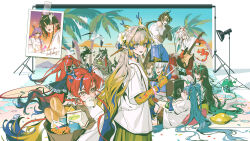  3boys 4girls absurdres alcohol amplifier aqua_hair arknights arm_tattoo backdrop bag bag_of_chips black_hair blonde_hair blue_eyes blue_hair blue_hands blue_horns blue_pants bottle braid braided_ponytail bread brother_and_sister brown_hair brown_horns brown_shirt brown_shorts cable chinese_commentary chongyue_(arknights) closed_eyes coconut coconut_cup colored_extremities commentary_request dragon_boy dragon_girl dragon_horns dragon_tail drawstring drinking_straw dusk_(arknights) earrings eastern_dragon_horns eastern_dragon_tail electric_guitar expressionless eyelashes eyeshadow fan_mu_zhang flower food food_in_mouth fruit_as_cup gold_earrings gradient_hair green_eyes green_hair green_hands green_horns grey_hair guitar hair_between_eyes hair_bun hair_flower hair_flowing_over hair_intakes hair_ornament hair_over_one_eye hair_spread_out hair_stick half_updo high_ponytail highres holding holding_bag holding_bottle holding_guitar holding_instrument holding_microphone holding_paper holding_stylus holding_tablet_pc horns instrument jewelry ji_(arknights) jie_(arknights) jun_(arknights) knee_up ling_(arknights) lollipop_in_mouth long_hair long_sleeves looking_to_the_side low_ponytail lying makeup microphone mouth_hold multicolored_eyes multicolored_hair multicolored_horns multiple_boys multiple_girls music nian_(arknights) on_side open_mouth pants paper paper_bag photo_(object) pillow pink_hair playing_guitar playing_instrument pointy_ears polaroid_photo ponytail red_eyes red_eyeshadow red_hair red_hands red_horns red_pants shirt short_shorts short_sleeves shorts shu_(arknights) siblings side_braids sidelocks singing single_hair_bun smile star_(symbol) star_print steamed_bun streaked_hair studio studio_lights stylus t-shirt tablet_pc tail tattoo teeth two-tone_eyes upper_teeth_only very_long_hair wang_(arknights) white_flower white_hair white_pants white_shirt yellow_hands yi_(arknights) yu_(arknights) 