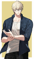  1boy blonde_hair blue_eyes collared_shirt commentary_request covered_pectorals denim glasses gunji_(jinrui_kyuusai_game) highres jeans jinrui_kyuusai_game male_focus manly muscular open_clothes open_shirt pants pectorals shirt short_hair sleeves_rolled_up tank_top tsunamune_touka upper_body veins veiny_arms yellow_background 