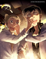  2boys atom:_the_beginning black_hair brown_eyes brown_hair cat commentary_request copyright_name eyelashes f14_(tetsuwan_atom) glowing iyo_(kurumiwarin) lab_coat large_nose machine male_focus multiple_boys nose ochanomizu_hiroshi pinching pointy_hair revision short_hair smile sweatdrop tears tenma_umatarou tetsuwan_atom 