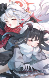  2girls alternate_costume black_hair blue_archive bow commentary_request demon_horns fuuka_(blue_archive) gloves hair_bow halo haruna_(blue_archive) hat helo highres horns jacket kumakono long_hair moped motor_vehicle multiple_girls red_halo red_scarf scarf white_gloves white_hair white_hat white_scarf 