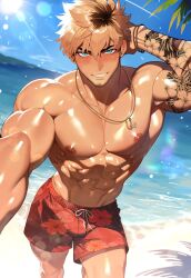  1boy arm_behind_head arm_tattoo beach beard_stubble black_hair blonde_hair blue_eyes commission drawstring earrings facial_hair fish_hook floral_print flower foreshortening hawaiian_clothes hibiscus hibiscus_print highres indie_virtual_youtuber jewelry konatide lens_flare male_focus multicolored_hair muscular muscular_male necklace ocean palm_tree reaching reaching_towards_viewer red_shorts shiny_skin short_hair shorts stubble stud_earrings sunlight tattoo topless_male tree two-tone_hair 