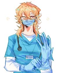  1girl blonde_hair blue_gloves blue_shirt commentary degrees_of_lewdity disposable_gloves earrings english_commentary gloves hair_between_eyes harper_(degrees_of_lewdity) harper_(female)_(degrees_of_lewdity) highres id_card jewelry maganat mask medical_scrubs mole mole_under_eye mouth_mask one_eye_closed putting_on_gloves red_eyes shirt simple_background solo stethoscope stethoscope_around_neck surgical_mask upper_body white_background 