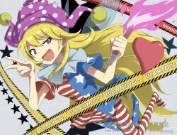  1girl american_flag american_flag_legwear american_flag_print american_flag_shirt blonde_hair caution_tape clownpiece commentary english_commentary flag_print full_body gurina_15 hat heart highres holding holding_torch long_hair looking_at_viewer open_mouth polka_dot_hat pom_pom_(clothes) print_shirt purple_hat red_eyes shirt solo star_(symbol) star_print torch touhou 
