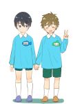  2boys free! hand_holding male_focus multiple_boys nanase_haruka_(free!) shorts tachibana_makoto tagme v younger 