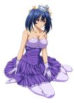  00s 1girl bare_shoulders bashoku_youjou blue_hair breasts cleavage collarbone crown dress female full_body gloves hair_ornament ikkitousen large_breasts legs looking_at_viewer purple_dress purple_gloves purple_legwear short_twintails simple_background sitting smile solo strapless strapless_dress twintails violet_eyes white_background 