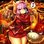  00s 10s 1girl breasts camerupt curvy fire hood horns kagari_(pokemon) kagari_(pokemon)_(remake) kenron_toqueen lava looking_at_viewer musical_note nintendo pokemon pokemon_(game) pokemon_oras pokemon_rse purple_hair short_hair spoken_musical_note team_magma thick_thighs wide_hips 
