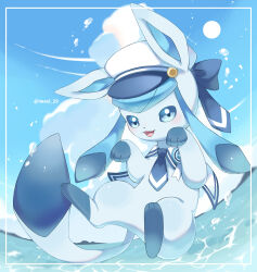 absurdres artist_name blue_eyes blue_fur blue_hat blue_sky blush clothed_pokemon clouds commentary_request day glaceon glaceon_(summer_sailor) hat highres iwasi_29 looking_at_viewer no_humans official_alternate_costume open_mouth outdoors pokemon pokemon_(creature) pokemon_cafe_remix sailor_hat sky solo sparkle two-tone_fur two-tone_hat water white_hat 