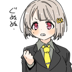  1girl black_jacket blush clenched_hand clenched_teeth collared_shirt commentary_request crescent crescent_hair_ornament grey_hair grey_shirt hair_ornament jacket love_live! love_live!_nijigasaki_high_school_idol_club nakasu_kasumi necktie shinanoya_(satanicad) shirt simple_background solo star_(symbol) star_hair_ornament suit_jacket teeth tie_clip translation_request upper_body white_background yellow_necktie 