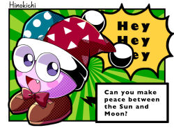  1boy :d blue_hat blush_stickers border bow bowtie brown_shoes commentary_request creature english_text fang full_body hat jester_cap kirby_(series) kirby_super_star looking_at_viewer male_focus marx_(kirby) no_humans open_mouth red_bow red_bowtie red_hat ro2noki shoes smile solo speech_bubble talking two-tone_headwear violet_eyes white_border 