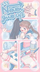  4girls ball bandage_on_knee bandaid bandaid_on_arm bandaid_on_finger bandaid_on_hand black_hair blue_background blue_sailor_collar blush border bottle bracelet brown_hair closed_eyes commentary_request crossed_ankles cup dot_nose english_text eyelashes hand_focus head_out_of_frame highres holding holding_bottle hug jewelry long_hair long_sleeves multiple_girls nekomaru0817 note open_mouth original outside_border pastel_colors pen pink_background pink_nails pink_sleeves ribbon sailor_collar sailor_shirt shirt short_sleeves soccer_ball socks steaming_cup teeth twintails white_border white_ribbon white_shirt white_socks yellow_background 