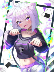  1girl :3 :d absurdres animal_ear_fluff animal_ears black_choker black_hoodie cat_ears cat_girl cat_tail choker commentary_request highres hisora_hato hololive hood hoodie looking_at_viewer medium_hair nekomata_okayu nekomata_okayu_(1st_costume) open_mouth pants paw_pose purple_hair smile solo tail violet_eyes virtual_youtuber white_pants 
