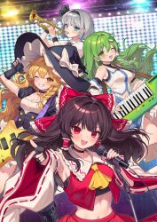 4girls adapted_costume ascot black_choker black_gloves black_hairband black_hat black_skirt blonde_hair blue_eyes blush bow braid brown_hair chinese_commentary choker collared_shirt commentary_request detached_sleeves fingerless_gloves frilled_bow frilled_hair_tubes frilled_skirt frills frog_hair_ornament gloves green_eyes green_hair green_vest grey_hair grin guitar hair_bow hair_ornament hair_tubes hairband hakurei_reimu hat hat_bow highres holding holding_guitar holding_instrument holding_microphone_stand holding_trumpet instrument keyboard_(instrument) kirisame_marisa kochiya_sanae konpaku_youmu long_hair looking_at_viewer microphone_stand midriff multiple_girls music navel one_eye_closed open_mouth playing_instrument puffy_short_sleeves puffy_sleeves qiu_ju red_bow red_eyes red_skirt ribbon-trimmed_sleeves ribbon_trim shirt short_sleeves side_braid single_braid skirt skirt_set smile snake_hair_ornament star_(symbol) star_choker touhou trumpet vest white_bow white_shirt witch_hat yellow_ascot yellow_eyes 