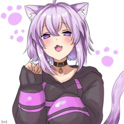  1girl absurdres ahoge animal_ear_fluff animal_ears bell black_hoodie blush cat_ears cat_girl cat_tail commentary_request fang hair_intakes highres hololive hood hoodie kashiwara_mana looking_at_viewer neck_bell nekomata_okayu nekomata_okayu_(1st_costume) open_mouth purple_hair short_hair solo tail violet_eyes virtual_youtuber white_background 