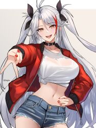  1girl :d absurdres alternate_costume arm_up azur_lane black_collar black_ribbon blue_shorts blush breasts casual chieftain_art13 collar hair_ribbon hand_on_own_hip happy highres jacket leaning_to_the_side long_hair looking_at_viewer medium_breasts micro_shorts mixed-language_commentary multicolored_hair nail_polish navel open_clothes open_jacket orange_eyes prinz_eugen_(azur_lane) red_hair red_jacket red_nails ribbon shirt shorts smile solo stomach teeth thighs tied_shirt torn_clothes torn_shorts two-tone_hair two_side_up upper_teeth_only v very_long_hair white_hair white_shirt yellow_eyes 