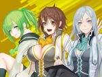  3girls :d border_break breasts character_request cleavage daglasses green_eyes hair_ornament hairclip kura-chan_(border_break) large_breasts looking_at_viewer multiple_girls open_mouth ponytail silver_hair smile 