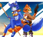  1boy 1girl blue_hair footwear fox_mccloud furry green_eyes jacket jewelry krystal markings navel necklace nintendo sandals short staff star_fox tribal 