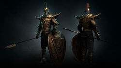 1boy 3d armor black_background black_gloves blue_loincloth blue_pants blue_scarf commentary english_commentary facing_viewer from_behind full_body gloves gold_armor gold_bracer grey_background highres holding holding_polearm holding_weapon laurent_pozzuoli male_focus mohawk ordinator_armor ordinator_guard ordinator_helmet ornate_armor pants pointy_ears polearm red_eyes scarf shield shoulder_armor spear the_elder_scrolls the_elder_scrolls_iii:_morrowind weapon zbrush_(medium) 