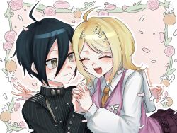  1boy 1girl :d ^_^ ahoge akamatsu_kaede ane_(ayoayoayoay0000) black_hair black_jacket blonde_hair blush border brown_eyes closed_eyes closed_mouth collared_shirt commentary couple cowboy_shot danganronpa_(series) danganronpa_v3:_killing_harmony double-parted_bangs facing_another fingernails floral_background flower hair_between_eyes hair_ornament hands_up happy hetero highres holding_hands interlocked_fingers jacket long_hair long_sleeves looking_at_another miniskirt musical_note musical_note_hair_ornament musical_note_print necktie open_mouth orange_necktie outline outside_border pink_background pink_flower pink_rose pink_sweater_vest pleated_skirt print_skirt purple_skirt rose saihara_shuichi shirt short_hair simple_background skirt smile striped_clothes striped_jacket sweater_vest teeth twitter_username upper_body upper_teeth_only vertical-striped_clothes vertical-striped_jacket white_border white_outline white_shirt 