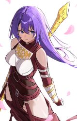  1girl absurdres armor arthur_pencilgon_(shangri-la_frontier) bare_shoulders blue_eyes boobplate brown_leotard clothing_cutout commentary_request cowboy_shot double-parted_bangs falling_petals gold_armor groin hair_between_eyes highleg highleg_leotard highres hip_vent holding holding_polearm holding_weapon leotard light_smile long_hair looking_to_the_side luck_0_boy pants petals pink_petals polearm purple_hair red_pants shangri-la_frontier shoulder_cutout simple_background solo straight_hair two-tone_armor v-shaped_eyebrows vambraces weapon whip white_armor white_background 