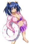  00s 1girl bashoku_youjou blue_hair breasts cleavage female hair_ornament ikkitousen large_breasts legs looking_at_viewer navel open_mouth short_twintails skirt solo standing swimsuit twintails violet_eyes 
