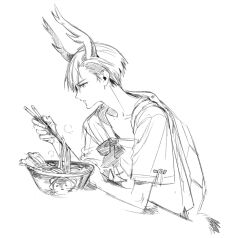  1girl bent_back bowl chopsticks commentary food graphite_(medium) greyscale holding holding_chopsticks kicchou_yachie looking_at_food monochrome noodles short_hair solo soup tougou_(goodbye_tender) touhou traditional_media untranslatable_commentary white_background 