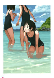  3girls absurdres black_eyes black_hair black_one-piece_swimsuit border day from_behind highres kneeling kneepits multiple_girls ocean one-piece_swimsuit original outdoors page_number parted_lips partially_submerged short_hair swimsuit takamichi wading white_border 