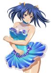  00s 1girl bare_legs bare_shoulders bashoku_youjou blue_hair blush breasts cleavage female hair_ornament ikkitousen large_breasts legs looking_at_viewer see-through shiny shiny_skin short_twintails skirt smile solo twintails violet_eyes 