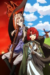  2girls black_boots black_cape black_jacket blue_eyes blue_shirt blue_sky boots cape closed_mouth clouds cloudy_sky feet_out_of_frame flower flower_over_mouth gargoyle green_cape grey_eyes grey_hair gun hair_flower hair_ornament highres holding holding_flower holding_gun holding_weapon jacket looking_at_another looking_to_the_side low_ponytail marsha_(reverse:1999) military_uniform multiple_girls over_shoulder pants ponytail red_hair red_sky reverse:1999 rifle sentinel_(reverse:1999) shirt short_hair side_cape sidelocks sitting skirt skull sky sunset upper_body weapon weapon_over_shoulder white_flower white_pants white_skirt windmill yuyu_(oiun461) 