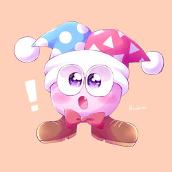  ! 1boy :o blue_hat blush_stickers bow bowtie brown_shoes commentary_request creature fang full_body hat jester_cap kirby_(series) kirby_super_star looking_at_viewer male_focus marx_(kirby) no_humans open_mouth orange_background red_bow red_bowtie red_hat ro2noki shoes simple_background solo sparkling_eyes two-tone_headwear violet_eyes 