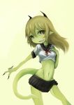  1girl female green_skin grin horns monster_girl original pointy_ears ruu_bot sailor_collar simple_background skirt solo tail white_background 