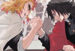  2girls 6+boys arm_wrestling belt black_pants blonde_hair blue_eyes braid breasts buttons closed_mouth commentary_request fingernails flic_floc gold_buttons green_hair hand_up haori highres himejima_gyoumei japanese_clothes kanroji_mitsuri kimetsu_no_yaiba kochou_shinobu multicolored_hair multiple_boys multiple_girls open_mouth pants pink_hair profile red_hair red_haori rengoku_kyoujurou smile standing table teeth tokitou_muichirou tomioka_giyuu two-tone_hair upper_teeth_only uzui_tengen veins veiny_arms veiny_face white_belt white_haori 