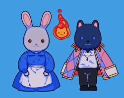  1boy 1girl :3 apron blue_background blue_eyes brown_eyes calcifer cat_boy coat coat_on_shoulders collared_shirt commentary dress english_commentary fire full_body furrification furry highres howl_(howl_no_ugoku_shiro) howl_no_ugoku_shiro jewelry long_sleeves meyoco necklace rabbit_girl shirt sophie_hatter_(howl_no_ugoku_shiro) sylvanian_families waist_apron 