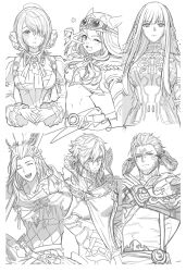  3boys 3girls animal_ears armor au_ra braid cat_ears closed_eyes final_fantasy final_fantasy_xiv frills gloves goggles greyscale headgear highres horns lineart long_hair monochrome multiple_boys multiple_girls open_mouth ornate_armor rabbit_ears scarf short_hair sketch smile upper_body viera zerg_(z79438659) 