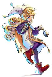 1girl blonde_hair blue_eyes boots charlotte_(seiken_densetsu_3) commentary_request curly_hair full_body gold_trim hat highres holding holding_scepter jester_cap leggings long_hair open_mouth purple_leggings purple_shirt red_boots scepter seiken_densetsu seiken_densetsu_3 shirt smile solo tabard taruneko2006 white_background white_hat white_tabard 