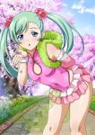  00s 1girl blue_eyes breasts cherry_blossoms cleavage_cutout earrings female green_hair hair_bobbles hair_ornament ikkitousen jewelry kiss leotard long_hair looking_at_viewer outdoors see-through shokatsuryou_koumei small_breasts solo tree twintails 