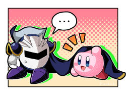  ... 2boys :d blue_cape blue_eyes blush_stickers border cape commentary_request creature kirby kirby_(series) male_focus mask meta_knight metal_mask multiple_boys no_humans notice_lines open_mouth outside_border ro2noki smile spoken_ellipsis sweatdrop white_border 