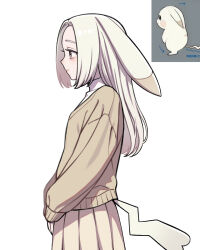  1girl animal_ears black_eyes cardigan creature_and_personification droopy_ears full_body gegegekman_(style) highres long_hair long_sleeves peakychu personification pikachu pokemon pokemon_(creature) pokemon_pokopia reference_inset shirt simple_background sinssa4 smile tail white_background 