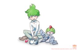  1boy ^_^ amanda-apanda artist_name blush brown_bag closed_eyes clothed_pokemon commentary covered_eyes english_commentary full_body green_hair grey_jacket grey_pants jacket long_sleeves male_focus no_jacket open_mouth oversized_jacket pants poke_ball poke_ball_(basic) pokemon pokemon_(creature) pokemon_oras ralts shirt shoes short_hair simple_background smile tumblr_username wally_(pokemon) web_address white_background white_shirt white_shoes 